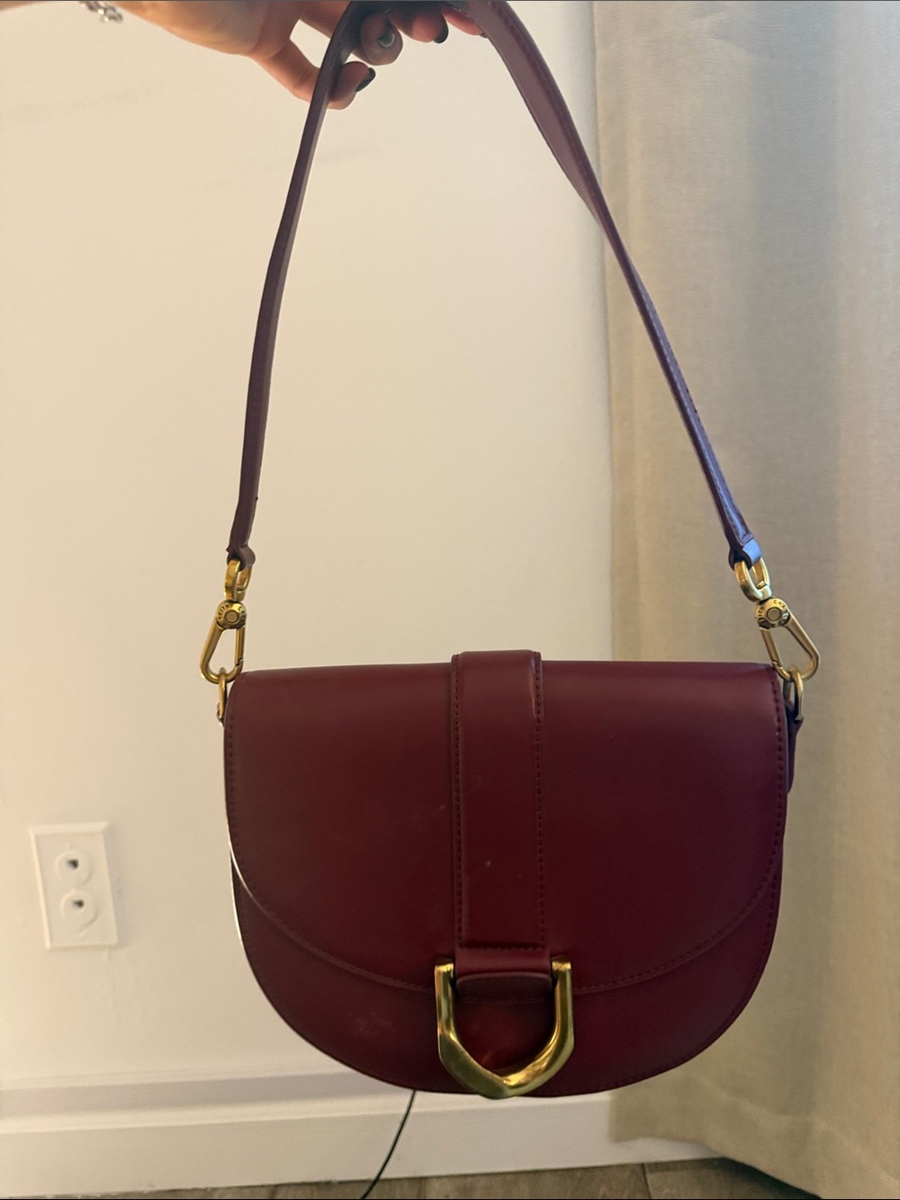 Charles & Keith Burgundy Shoulder Saddle Bag with Gold Hardware